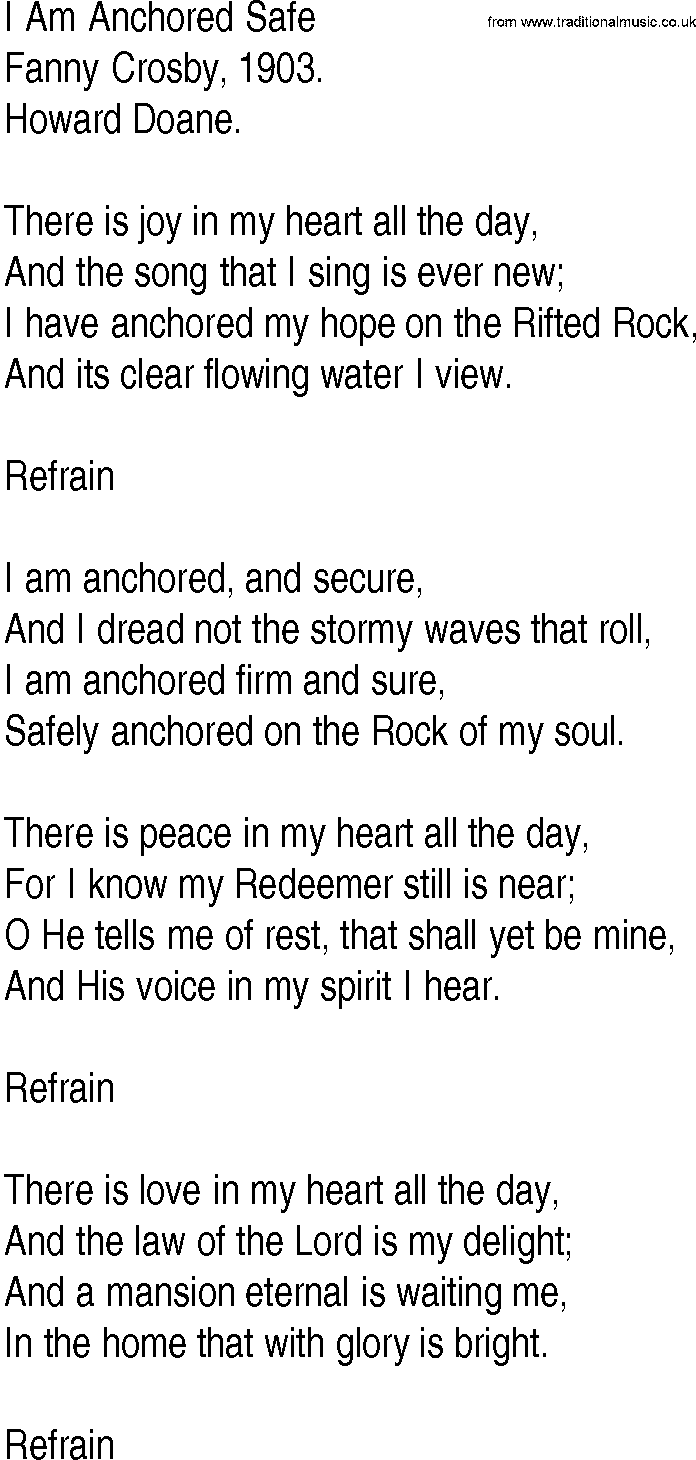 Hymn and Gospel Song: I Am Anchored Safe by Fanny Crosby lyrics