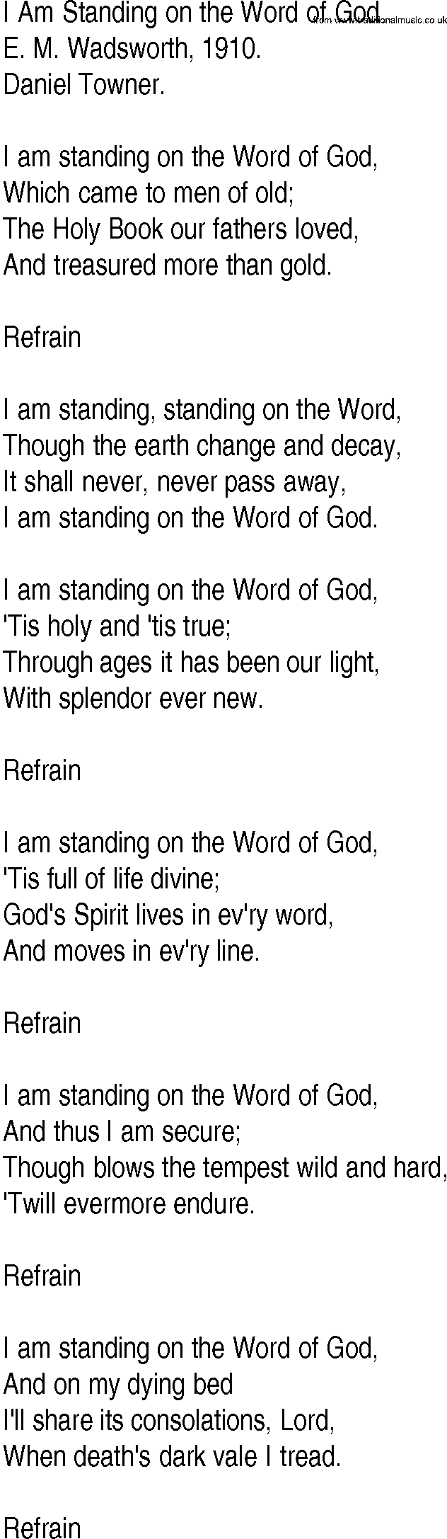 Hymn and Gospel Song: I Am Standing on the Word of God by E M Wadsworth lyrics