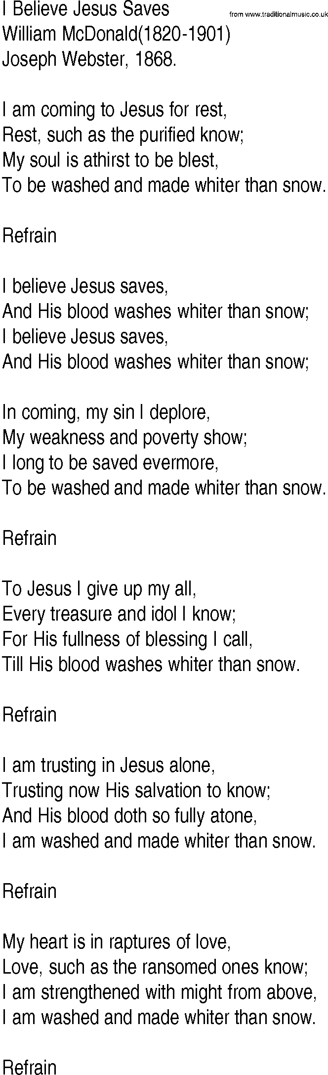 Hymn and Gospel Song: I Believe Jesus Saves by William McDonald lyrics