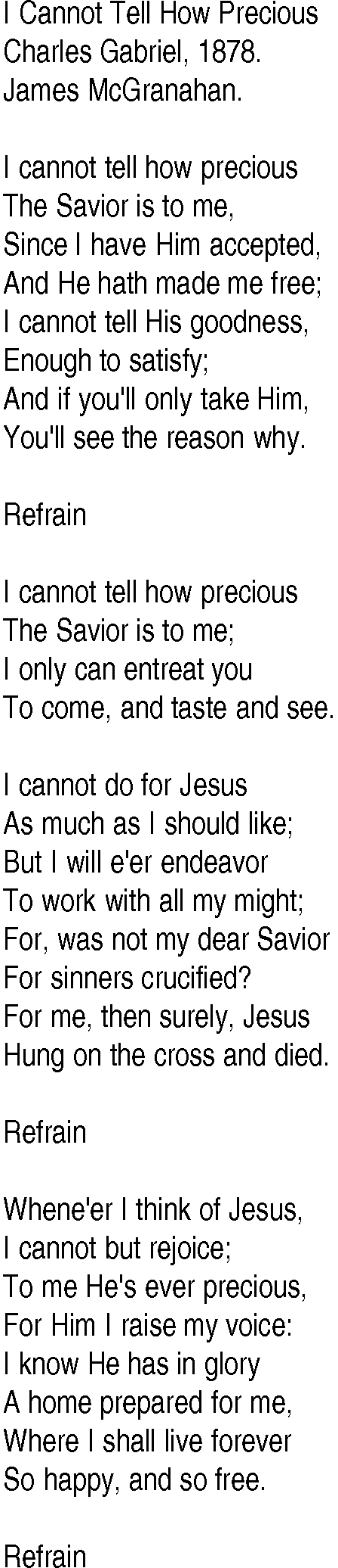 Hymn and Gospel Song: I Cannot Tell How Precious by Charles Gabriel lyrics