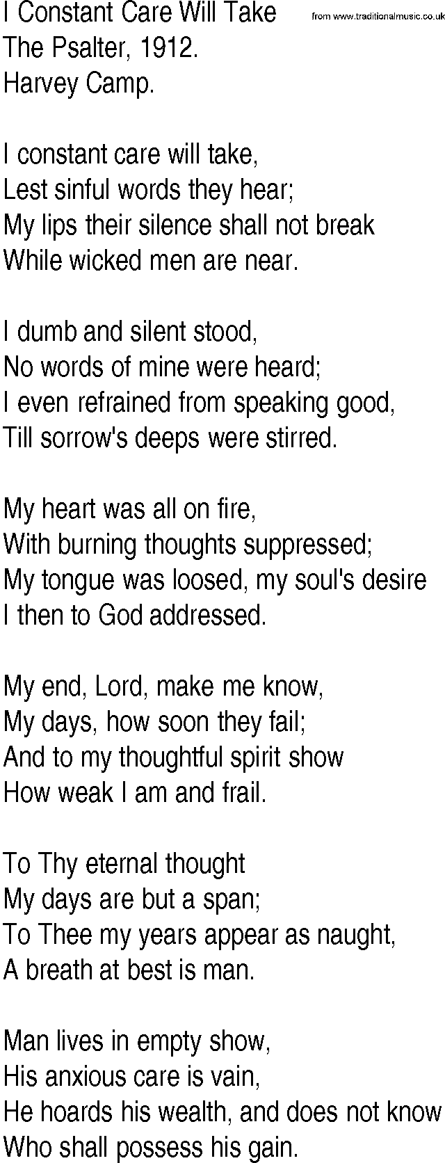 Hymn and Gospel Song: I Constant Care Will Take by The Psalter lyrics