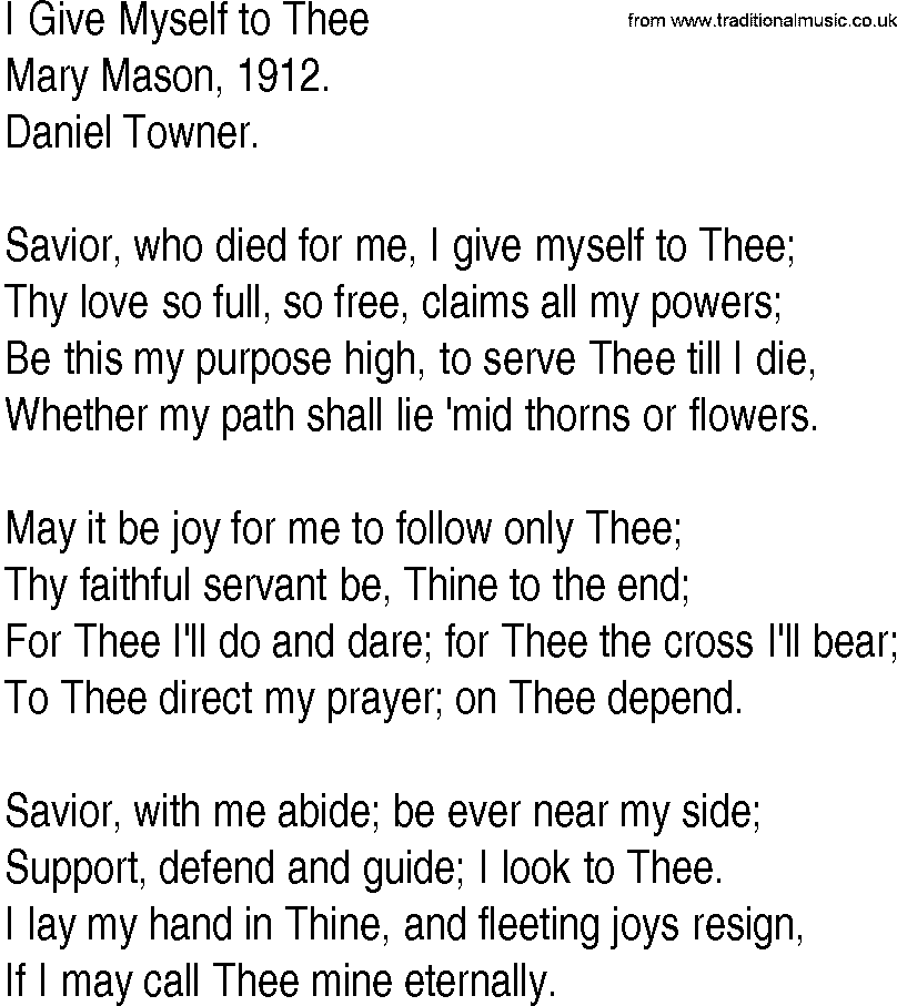 Hymn and Gospel Song: I Give Myself to Thee by Mary Mason lyrics