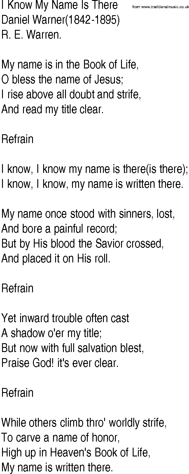 Hymn and Gospel Song: I Know My Name Is There by Daniel Warner lyrics