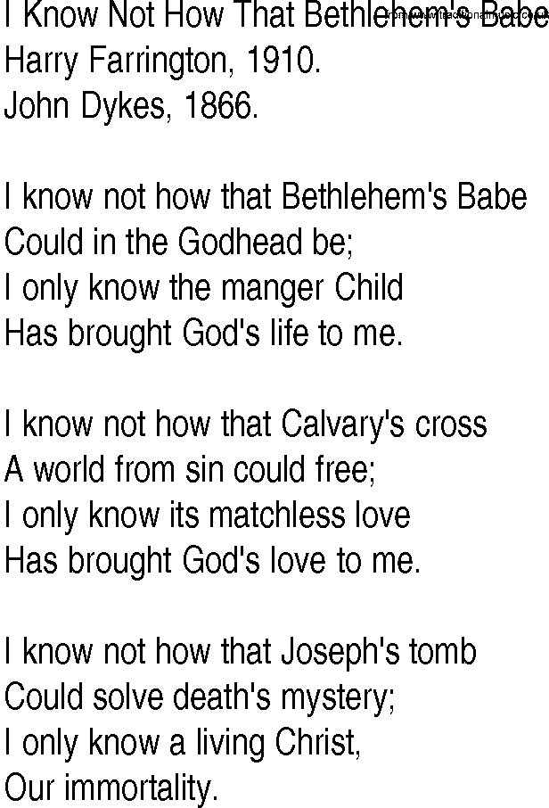 Hymn and Gospel Song: I Know Not How That Bethlehem's Babe by Harry Farrington lyrics