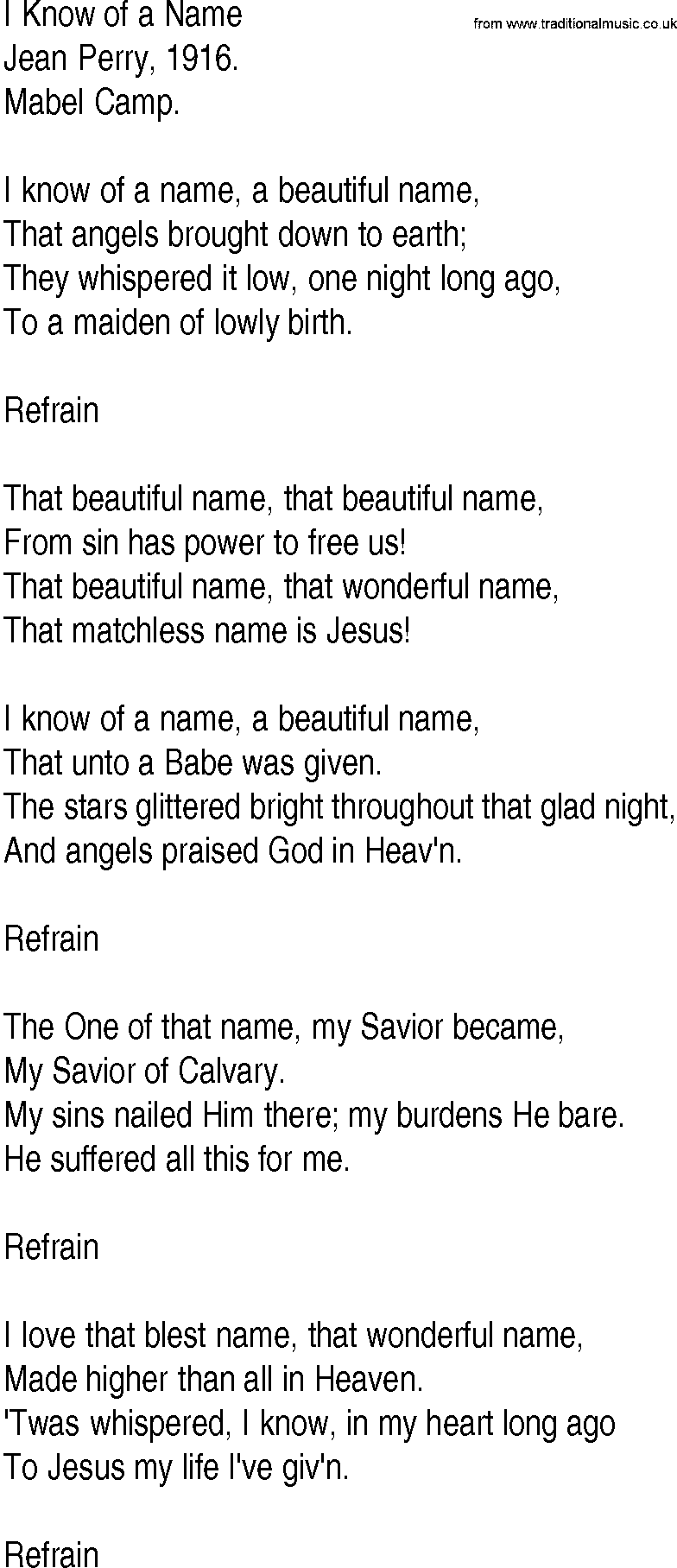 Hymn and Gospel Song: I Know of a Name by Jean Perry lyrics