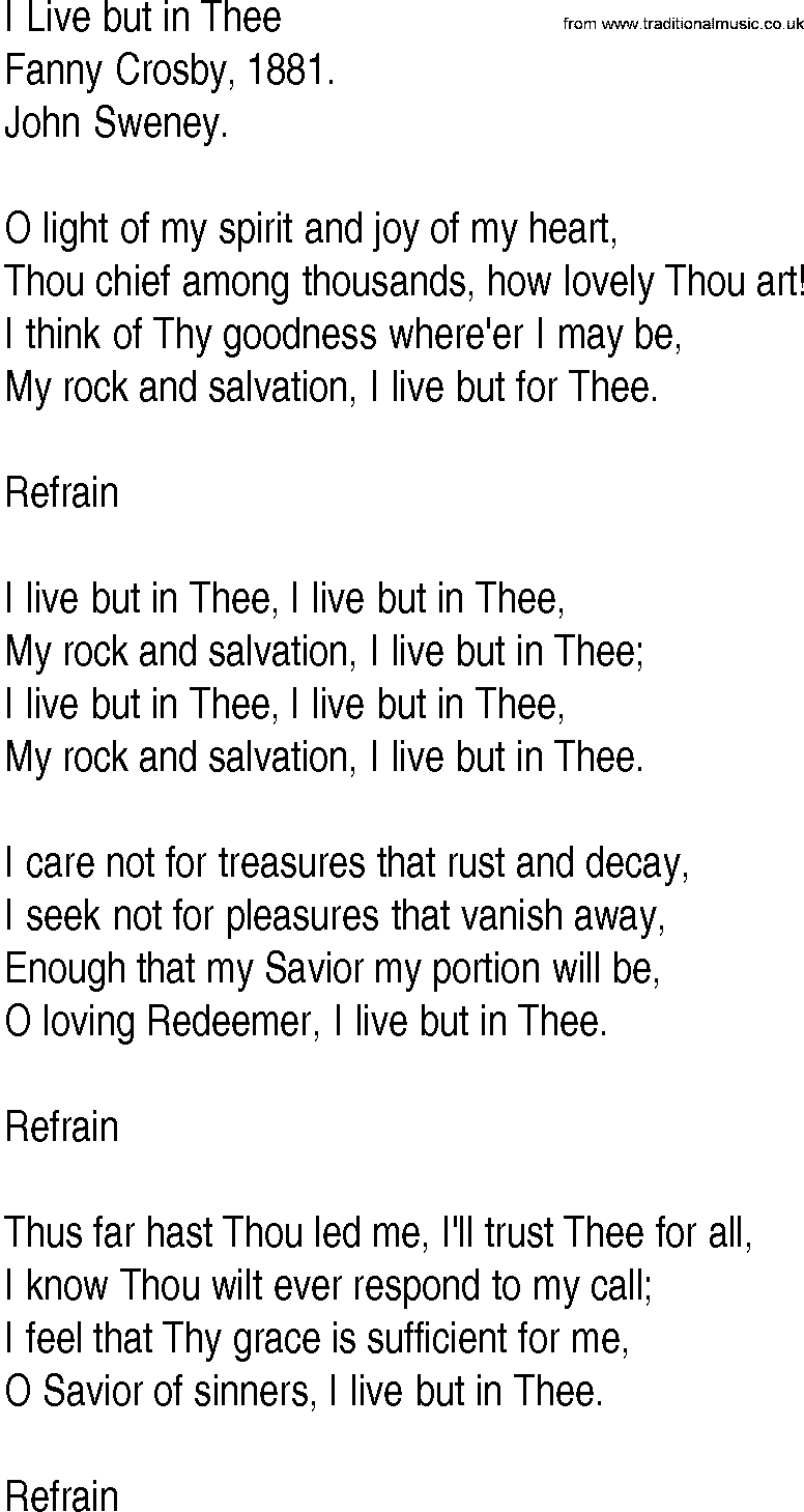 Hymn and Gospel Song: I Live but in Thee by Fanny Crosby lyrics
