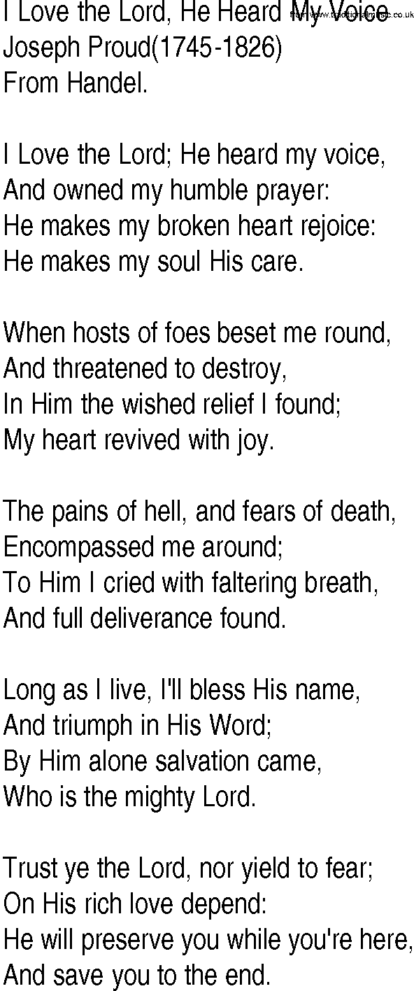 Hymn and Gospel Song: I Love the Lord, He Heard My Voice by Joseph Proud lyrics