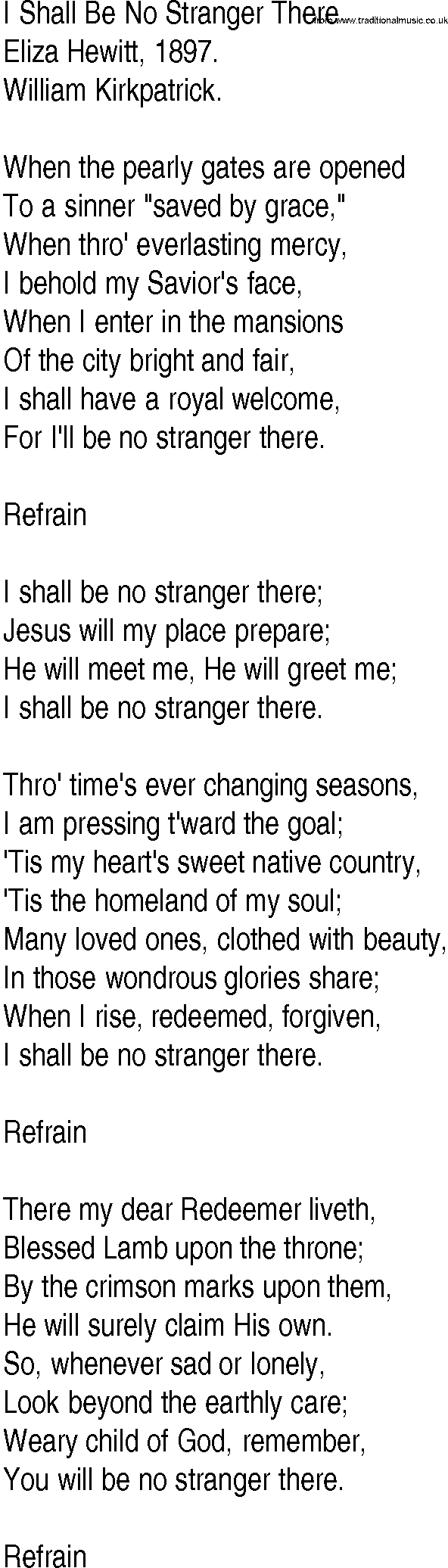 Hymn and Gospel Song: I Shall Be No Stranger There by Eliza Hewitt lyrics