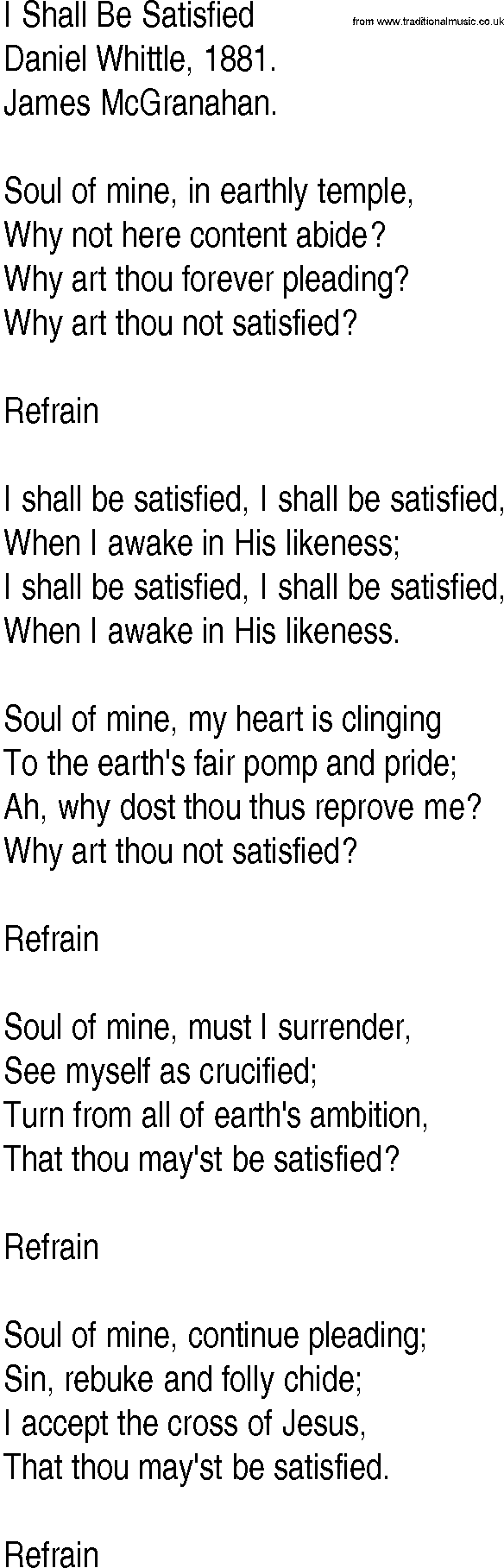 Hymn and Gospel Song: I Shall Be Satisfied by Daniel Whittle lyrics