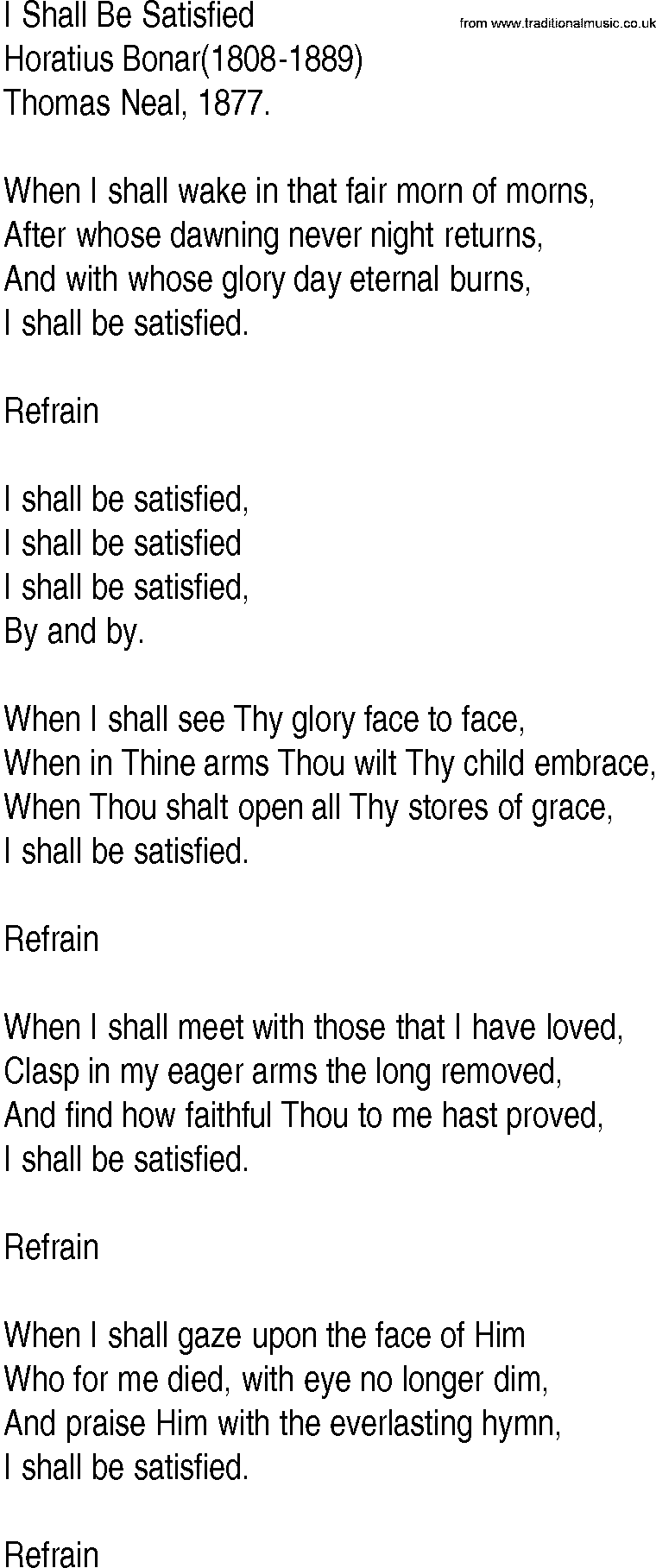 Hymn and Gospel Song: I Shall Be Satisfied by Horatius Bonar lyrics