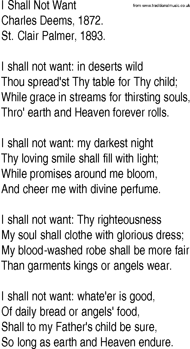 Hymn and Gospel Song: I Shall Not Want by Charles Deems lyrics
