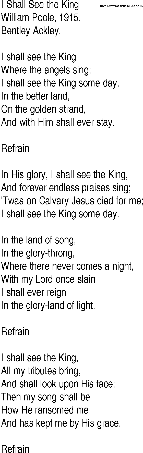 Hymn and Gospel Song: I Shall See the King by William Poole lyrics
