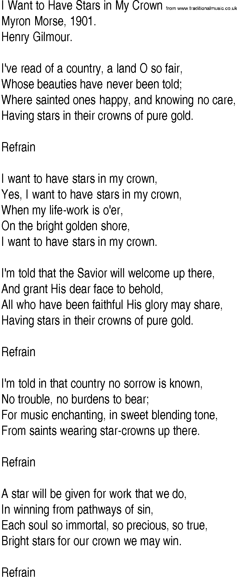 Hymn and Gospel Song: I Want to Have Stars in My Crown by Myron Morse lyrics