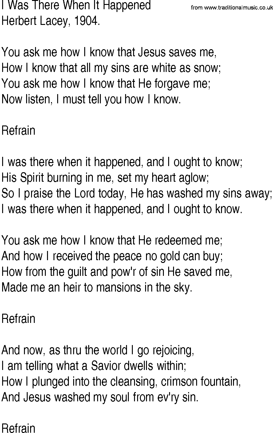 Hymn and Gospel Song: I Was There When It Happened by Herbert Lacey lyrics
