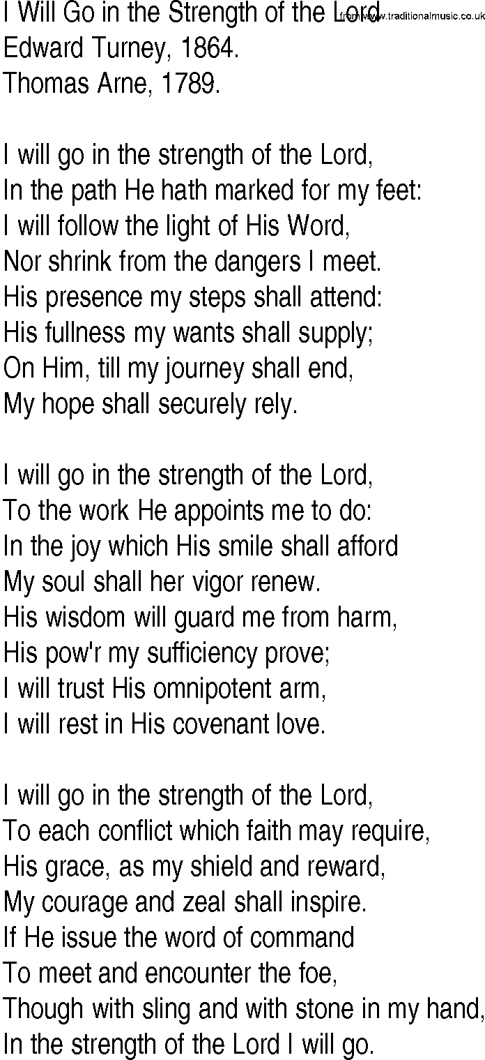 Hymn and Gospel Song: I Will Go in the Strength of the Lord by Edward Turney lyrics