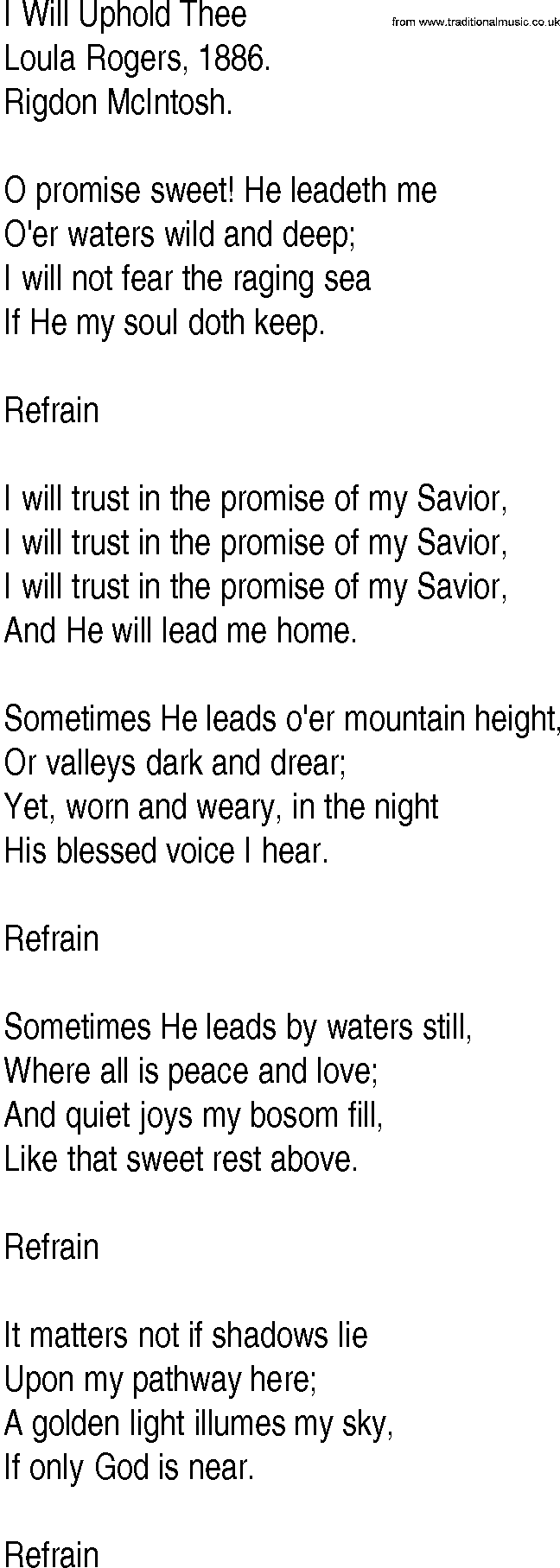 Hymn and Gospel Song: I Will Uphold Thee by Loula Rogers lyrics