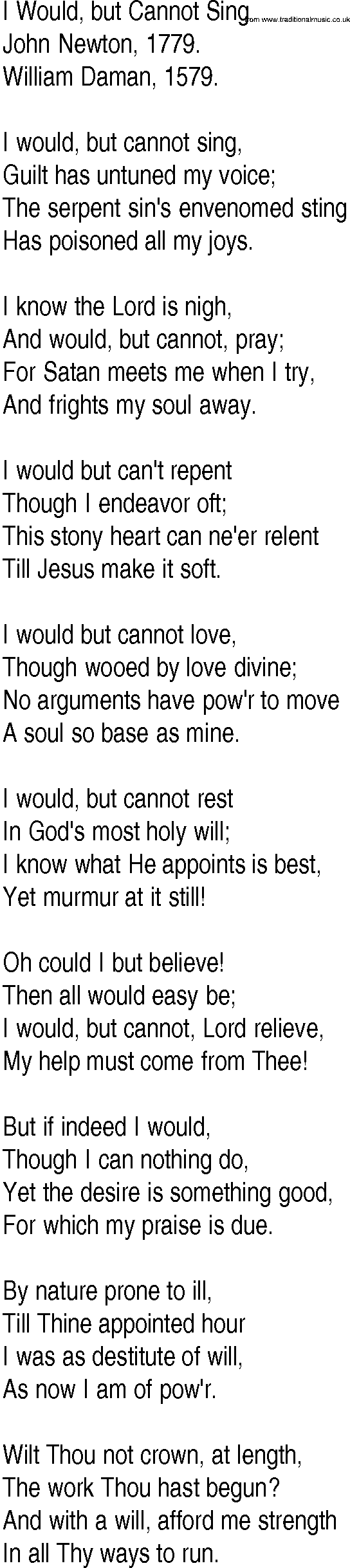 Hymn and Gospel Song: I Would, but Cannot Sing by John Newton lyrics