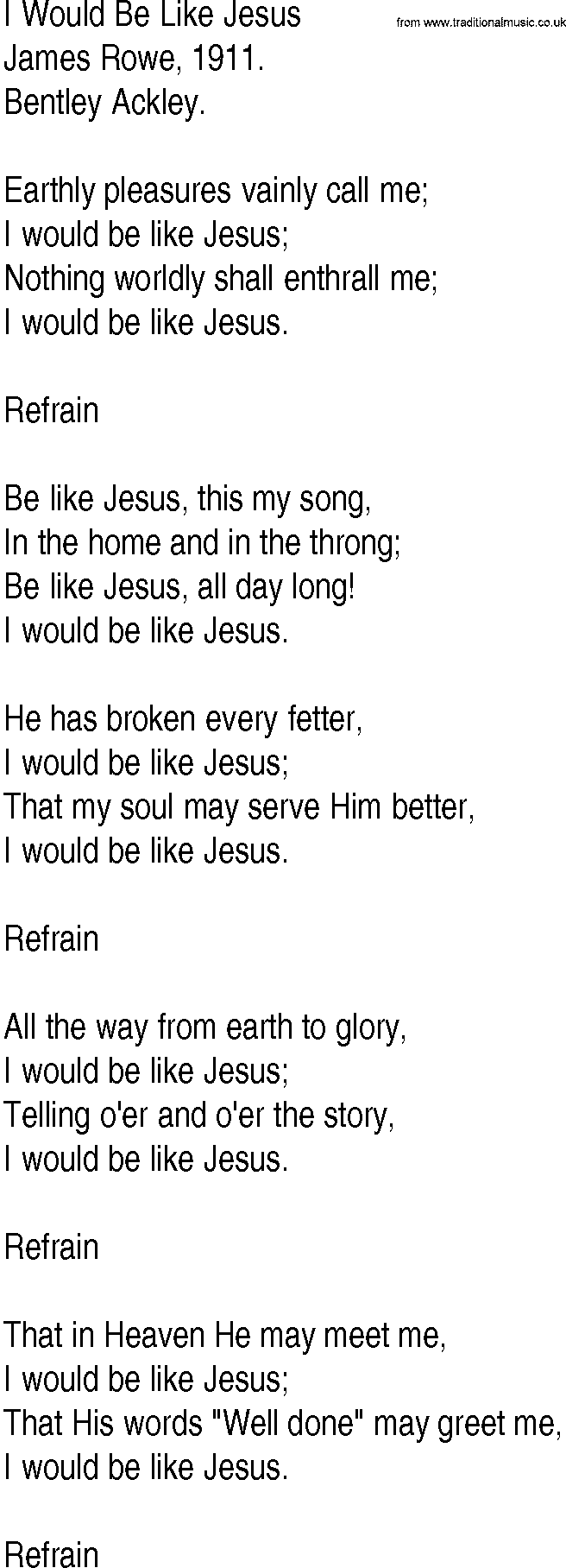Hymn and Gospel Song: I Would Be Like Jesus by James Rowe lyrics