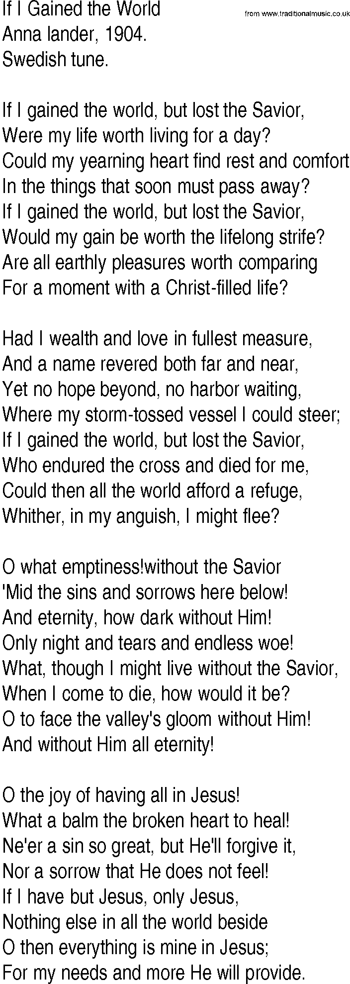 Hymn and Gospel Song: If I Gained the World by Anna Ölander lyrics