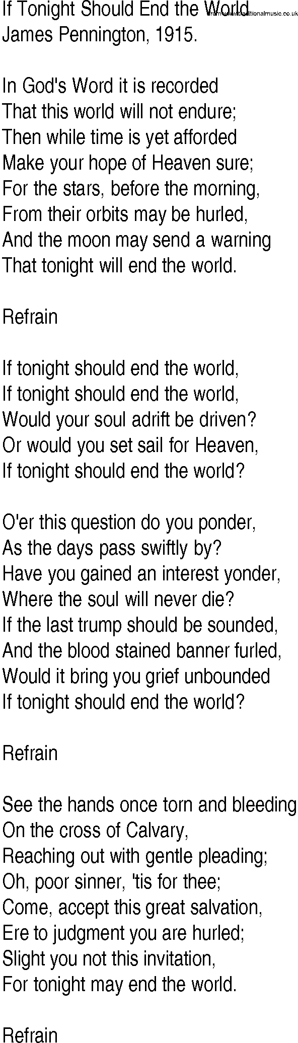 Hymn and Gospel Song: If Tonight Should End the World by James Pennington lyrics