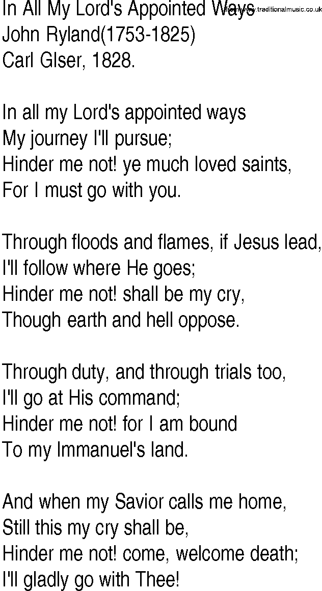 Hymn and Gospel Song: In All My Lord's Appointed Ways by John Ryland lyrics