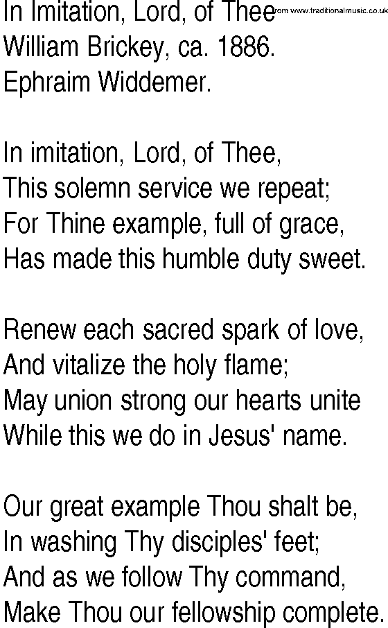 Hymn and Gospel Song: In Imitation, Lord, of Thee by William Brickey ca lyrics