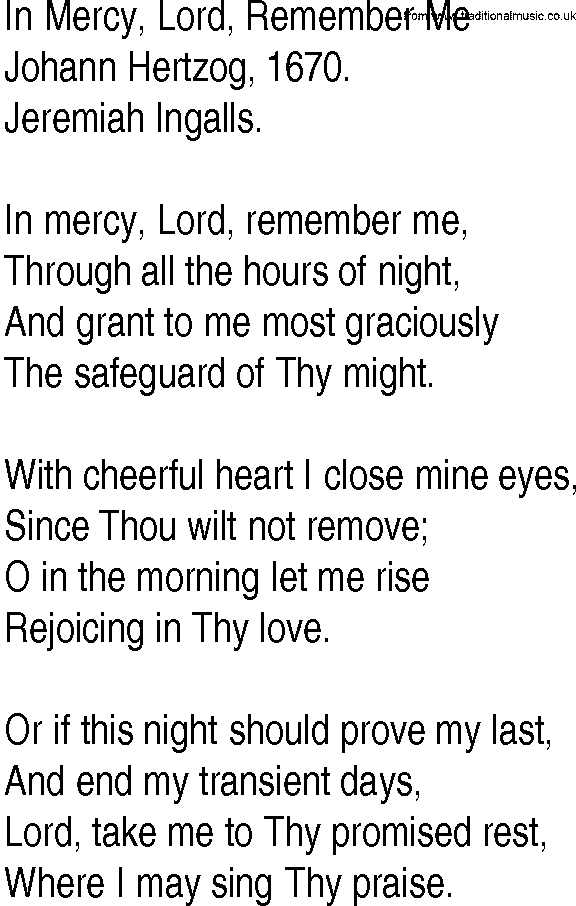 Hymn and Gospel Song: In Mercy, Lord, Remember Me by Johann Hertzog lyrics