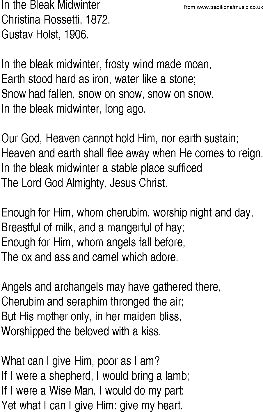 Hymn and Gospel Song: In the Bleak Midwinter by Christina Rossetti lyrics