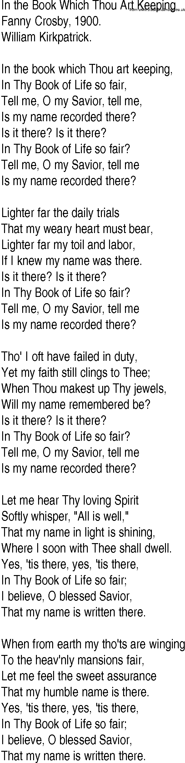 Hymn and Gospel Song: In the Book Which Thou Art Keeping by Fanny Crosby lyrics