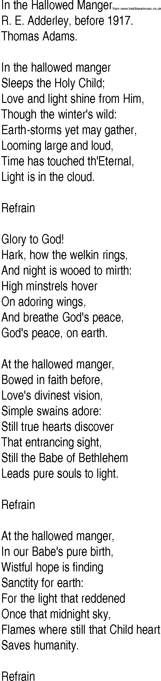Hymn and Gospel Song: In the Hallowed Manger by R E Adderley before lyrics