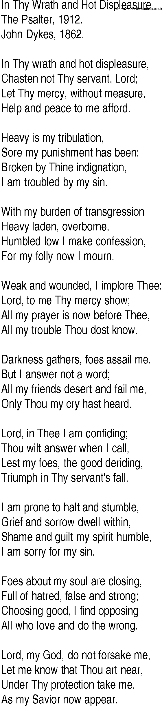 Hymn and Gospel Song: In Thy Wrath and Hot Displeasure by The Psalter lyrics