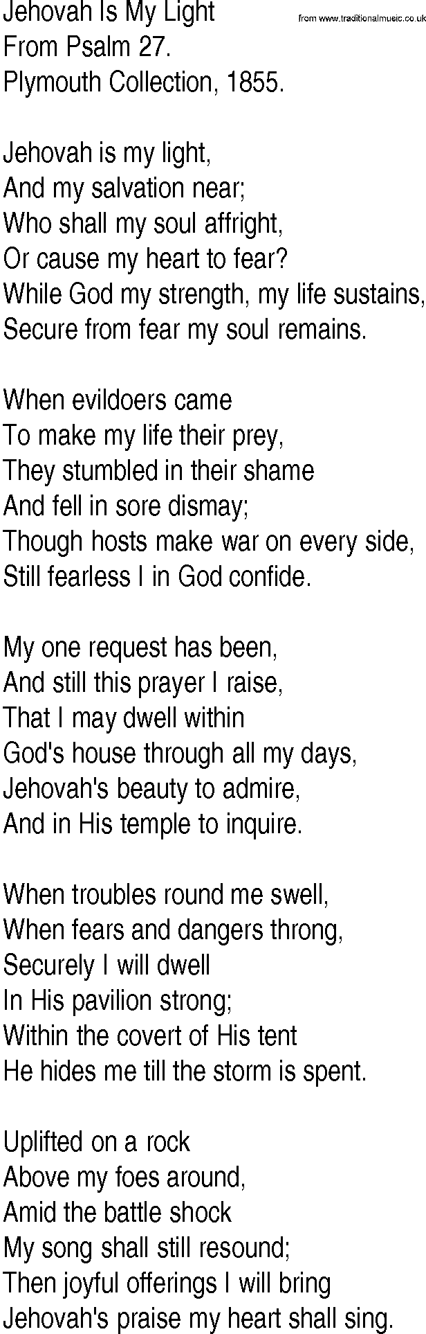 Hymn and Gospel Song: Jehovah Is My Light by From Psalm lyrics