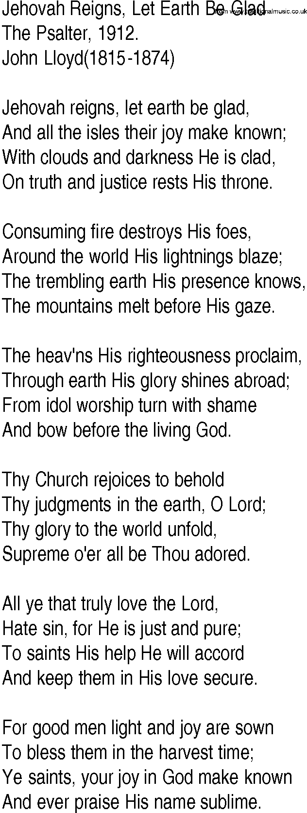 Hymn and Gospel Song: Jehovah Reigns, Let Earth Be Glad by The Psalter lyrics