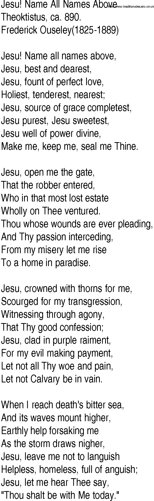 Hymn and Gospel Song: Jesu! Name All Names Above by Theoktistus ca lyrics