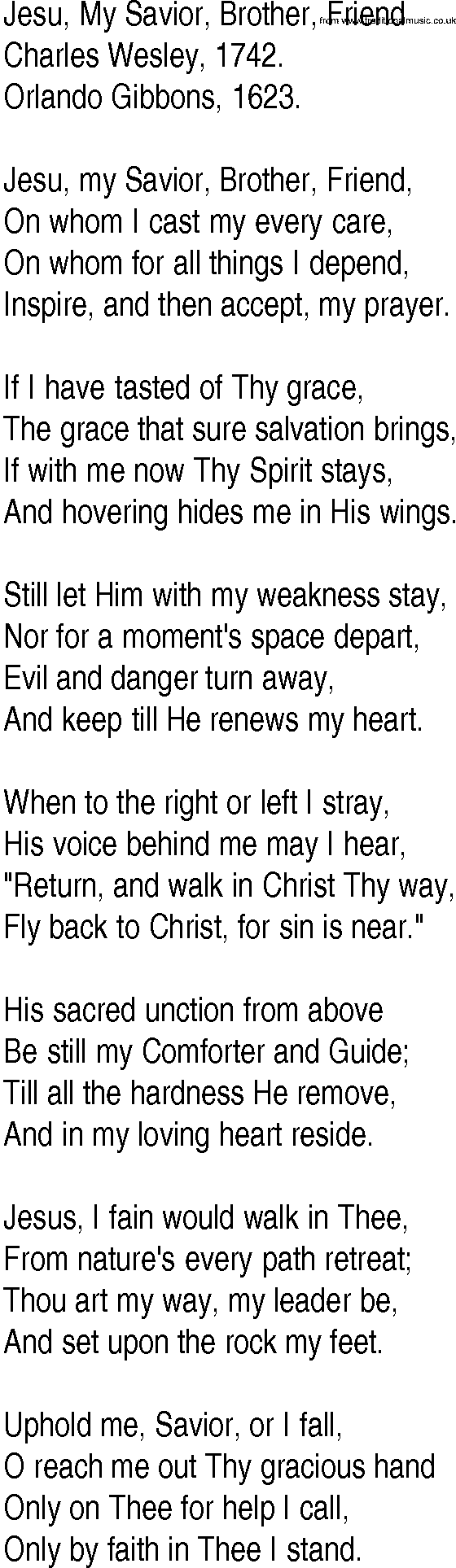 Hymn and Gospel Song: Jesu, My Savior, Brother, Friend by Charles Wesley lyrics