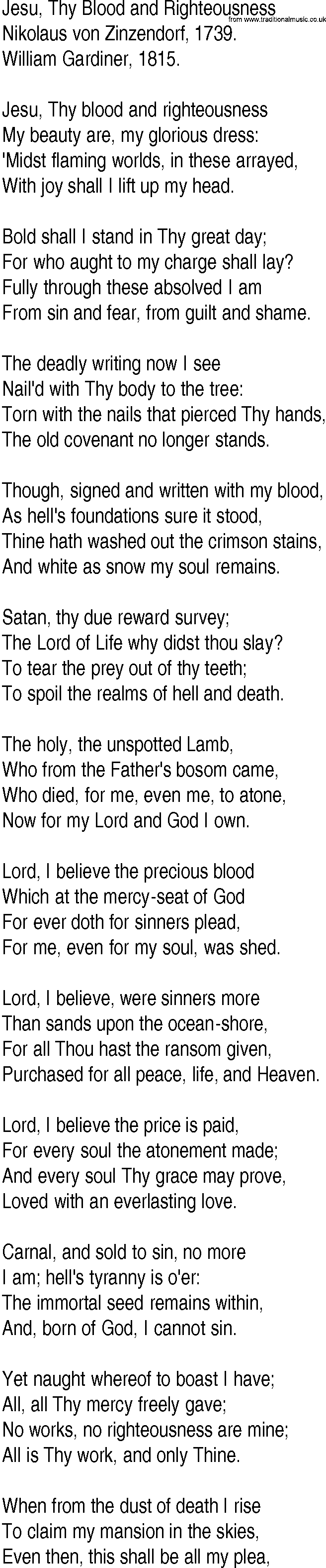 Hymn and Gospel Song: Jesu, Thy Blood and Righteousness by Nikolaus von Zinzendorf lyrics