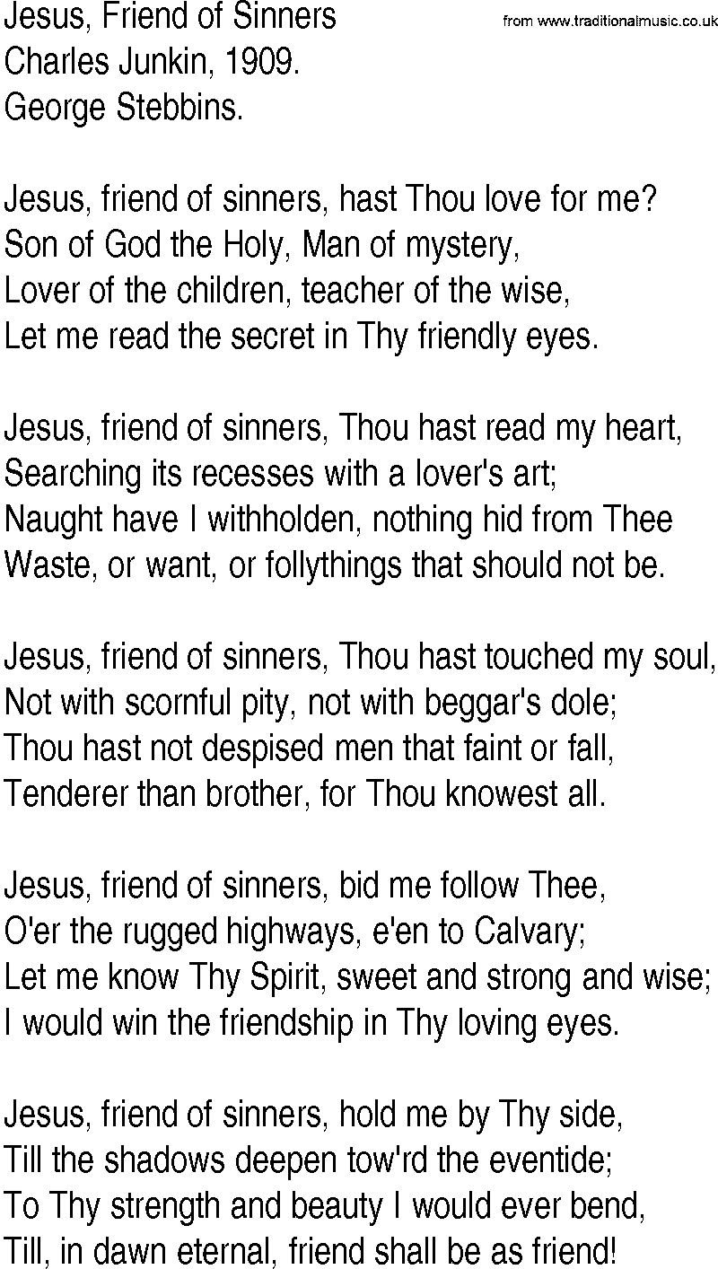 Hymn and Gospel Song: Jesus, Friend of Sinners by Charles Junkin lyrics