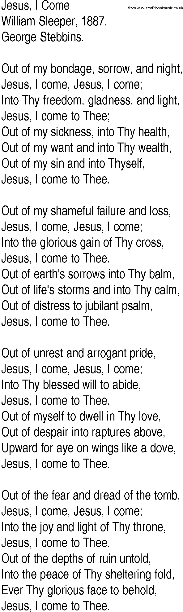 Hymn and Gospel Song: Jesus, I Come by William Sleeper lyrics