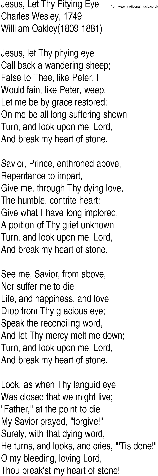 Hymn and Gospel Song: Jesus, Let Thy Pitying Eye by Charles Wesley lyrics