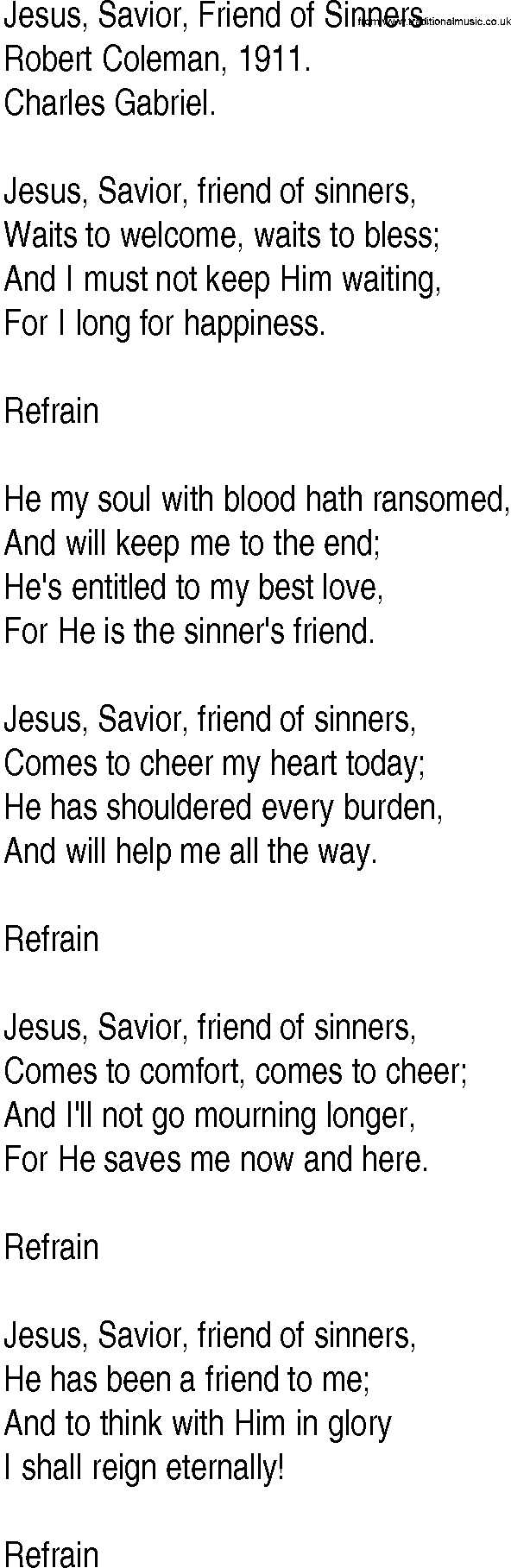 Hymn and Gospel Song: Jesus, Savior, Friend of Sinners by Robert Coleman lyrics