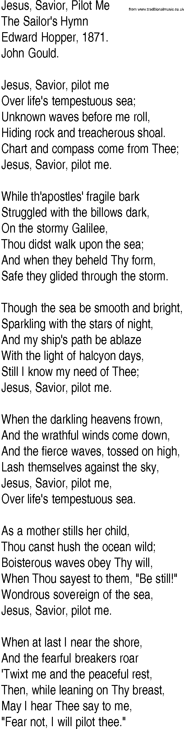 Hymn and Gospel Song: Jesus, Savior, Pilot Me by Edward Hopper lyrics