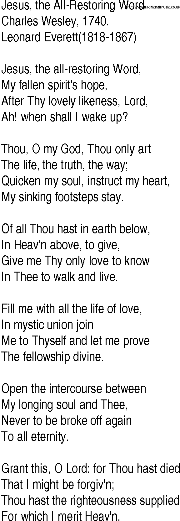 Hymn and Gospel Song: Jesus, the All-Restoring Word by Charles Wesley lyrics