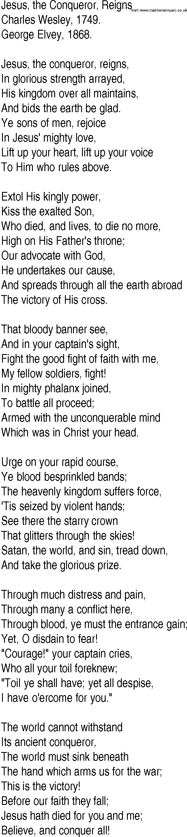 Hymn and Gospel Song: Jesus, the Conqueror, Reigns by Charles Wesley lyrics
