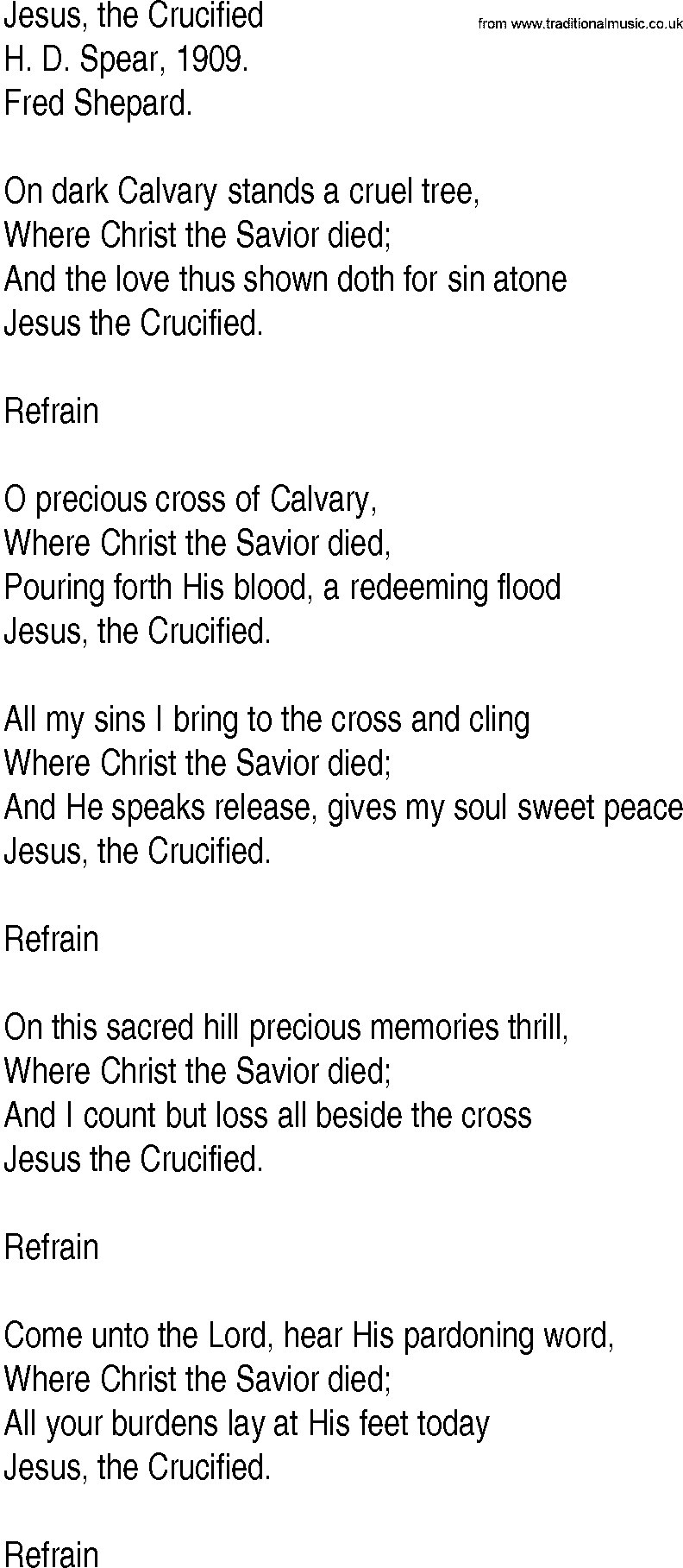 Hymn and Gospel Song: Jesus, the Crucified by H D Spear lyrics