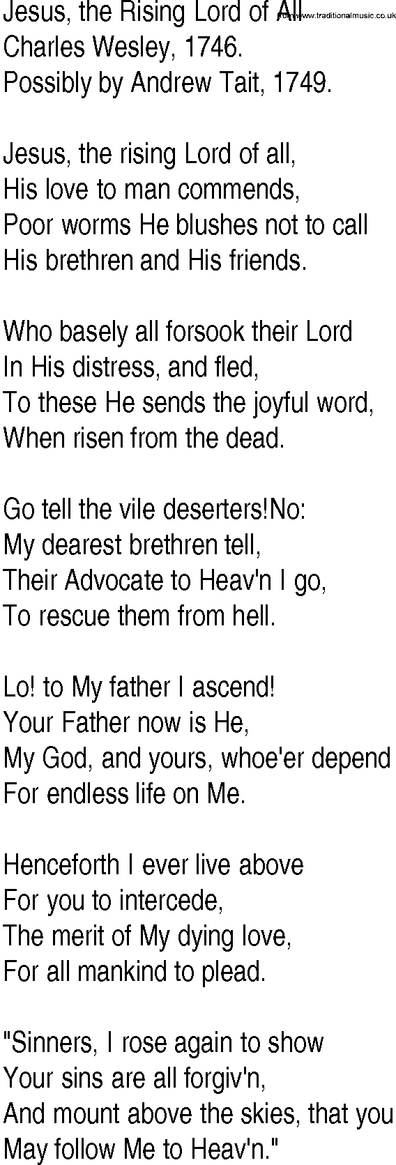 Hymn and Gospel Song: Jesus, the Rising Lord of All by Charles Wesley lyrics
