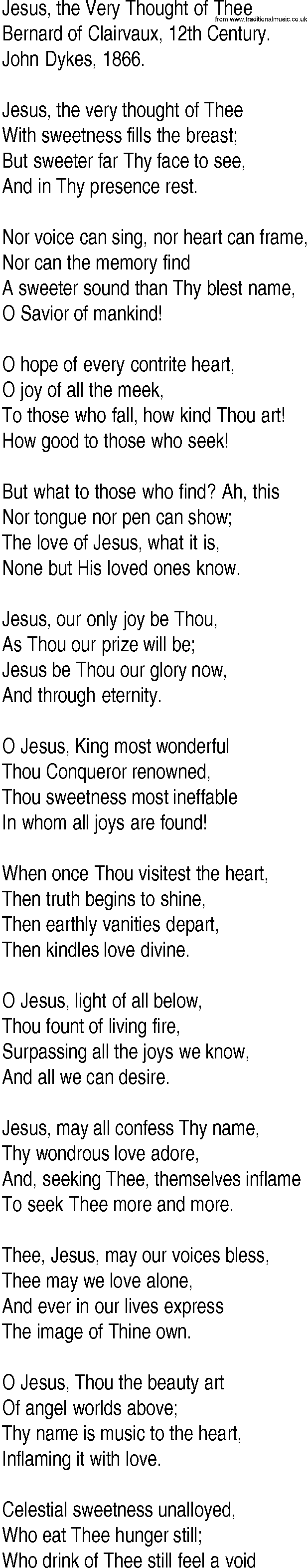 Hymn and Gospel Song: Jesus, the Very Thought of Thee by Bernard of Clairvaux th Century lyrics