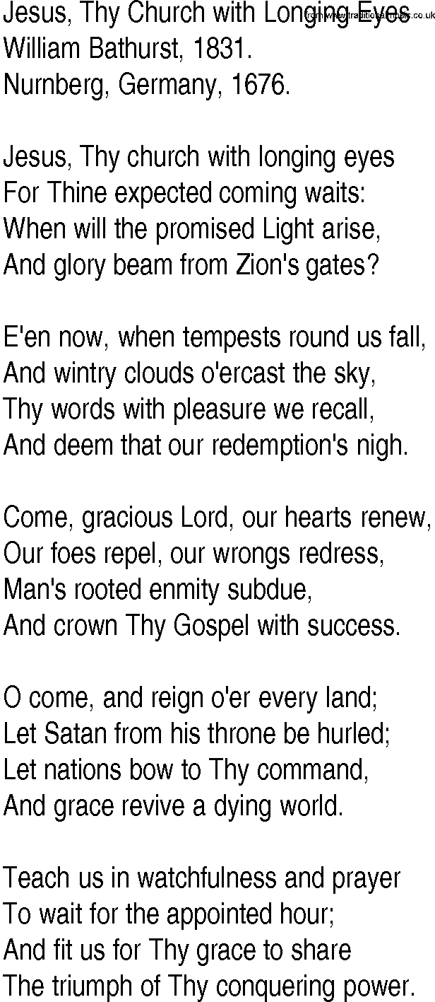 Hymn and Gospel Song: Jesus, Thy Church with Longing Eyes by William Bathurst lyrics