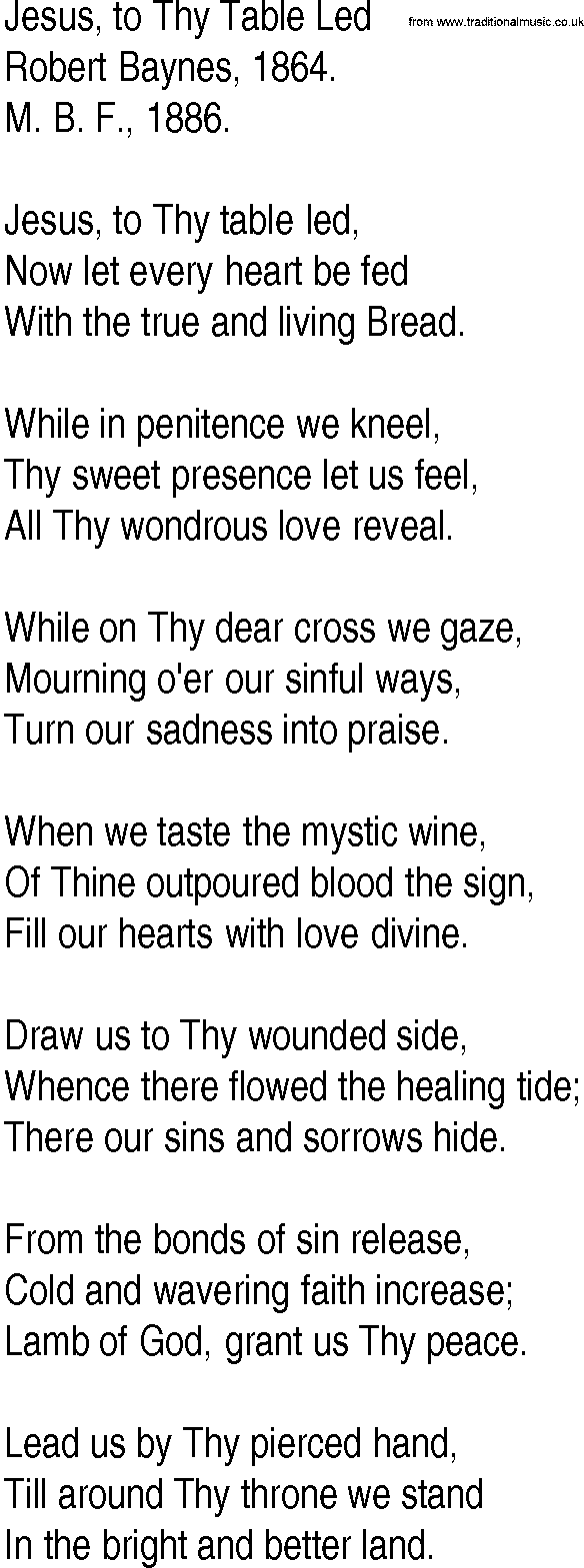 Hymn and Gospel Song: Jesus, to Thy Table Led by Robert Baynes lyrics