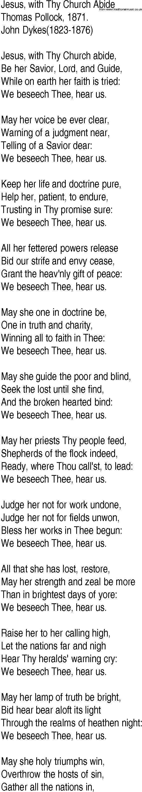 Hymn and Gospel Song: Jesus, with Thy Church Abide by Thomas Pollock lyrics