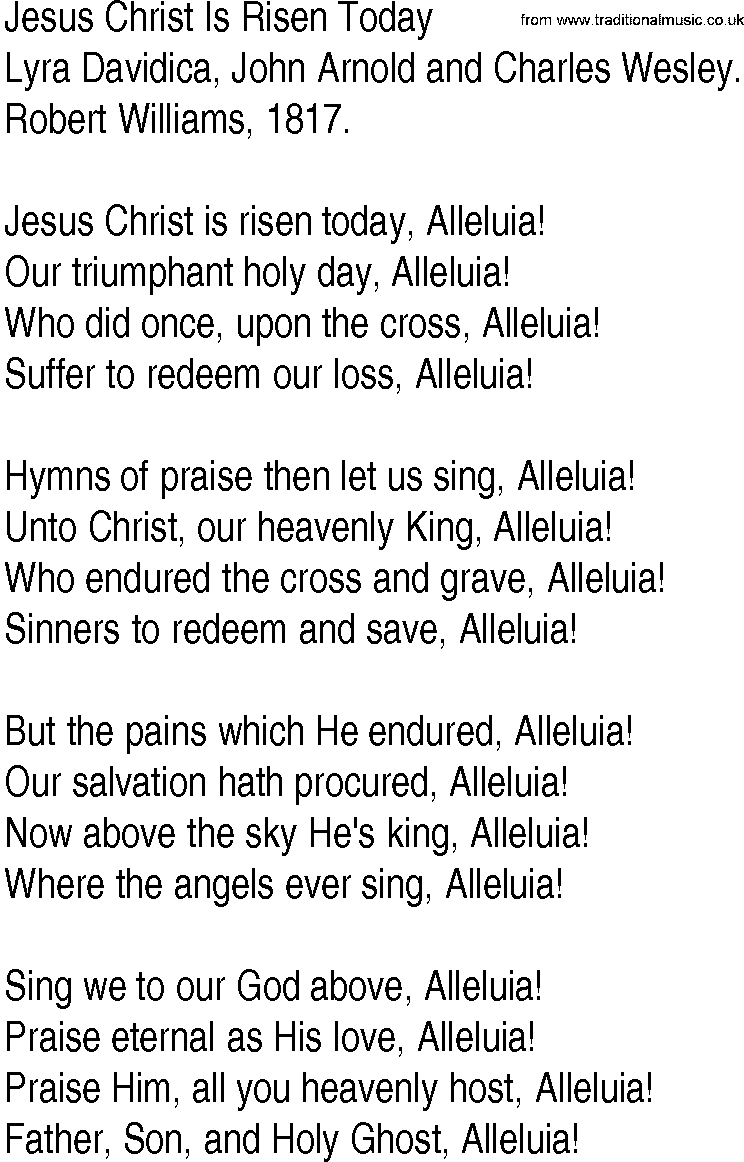 Hymn and Gospel Song: Jesus Christ Is Risen Today by Lyra Davidica John Arnold and Charles Wesley lyrics